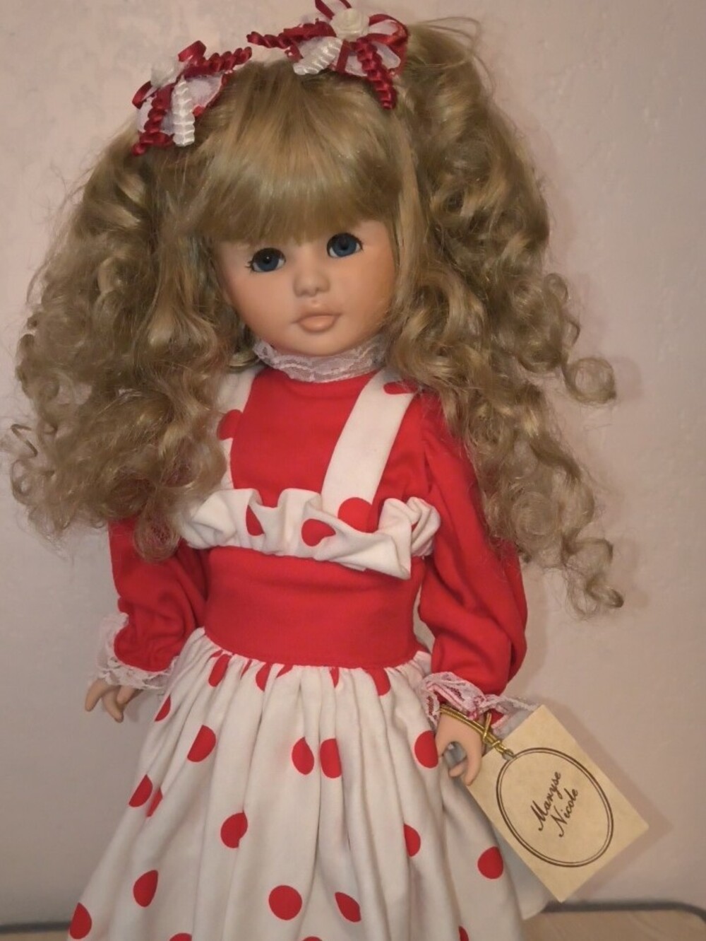 1990 Porcelain Doll Classic Red and White Polka Dot Dress - 20"